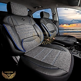 Modern Keten Kumaş Siyah Mavi Deri Koltuk Kılıfı